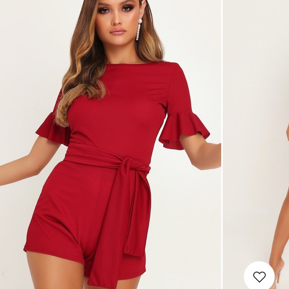 Burgundy Tie Waist Frill Sleeve Playsuit
